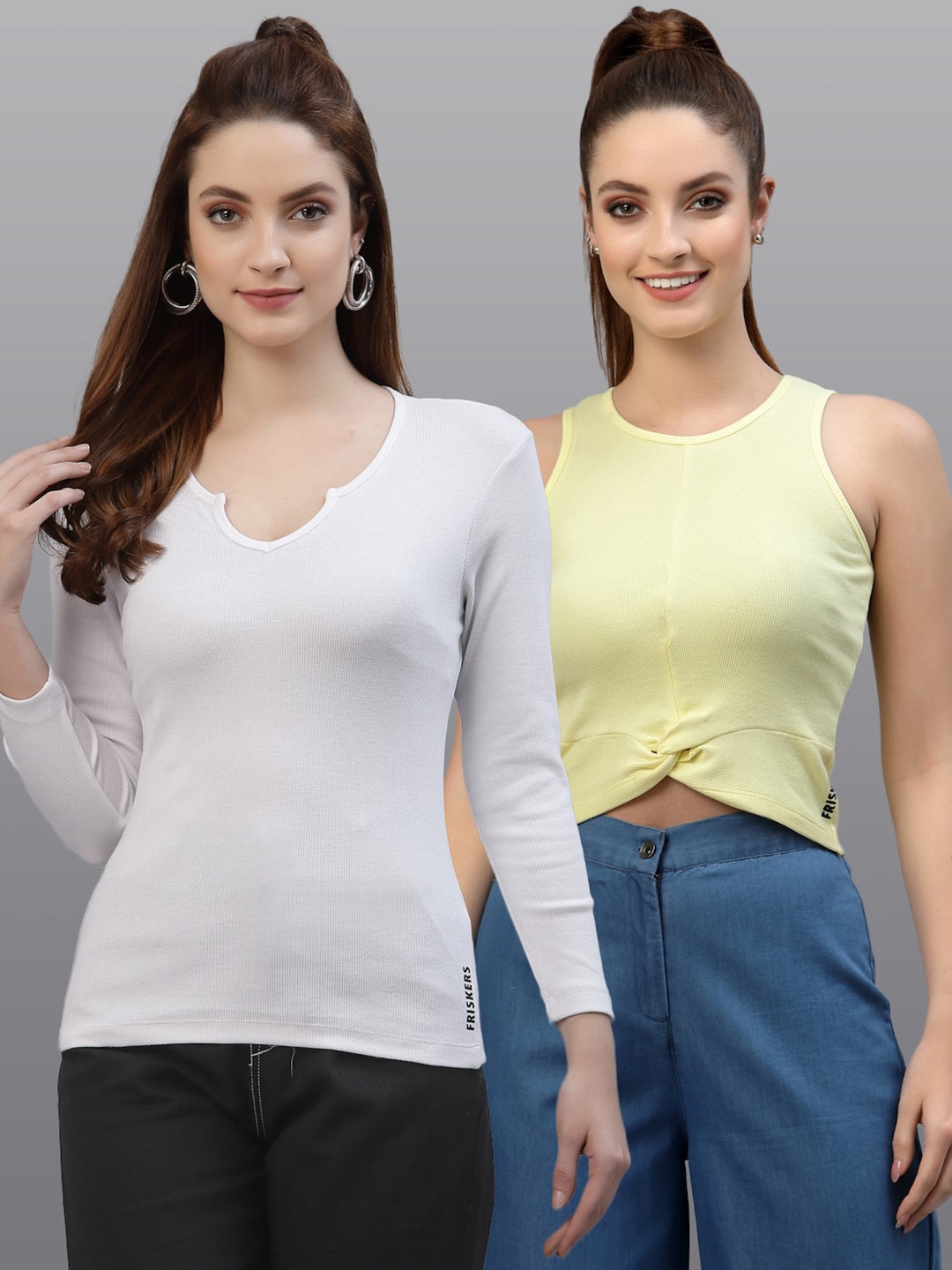 

Friskers Pack of 2 White & Yellow Fitted Tops