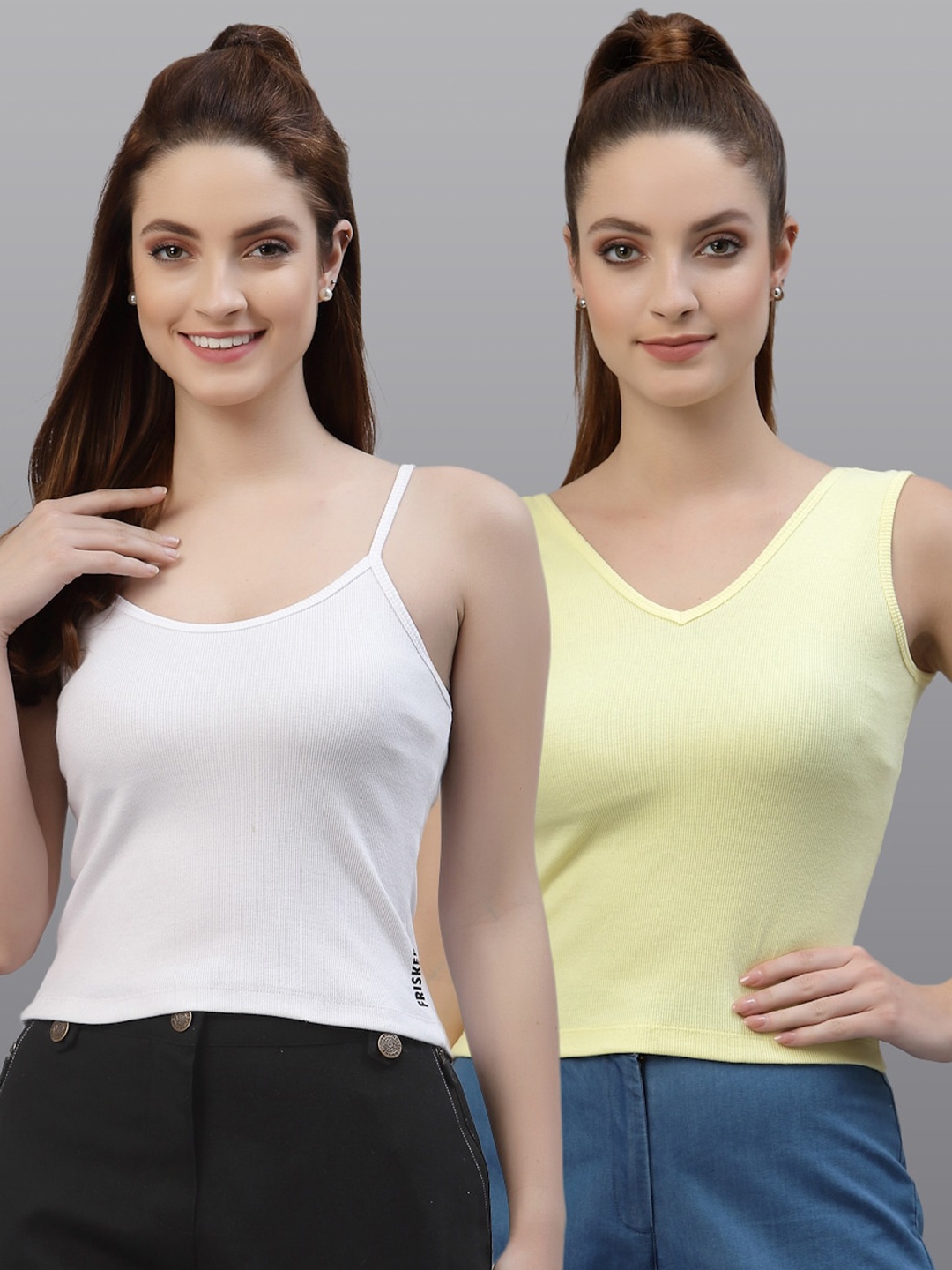 

Friskers Women White & Yellow Top Pack Of 2