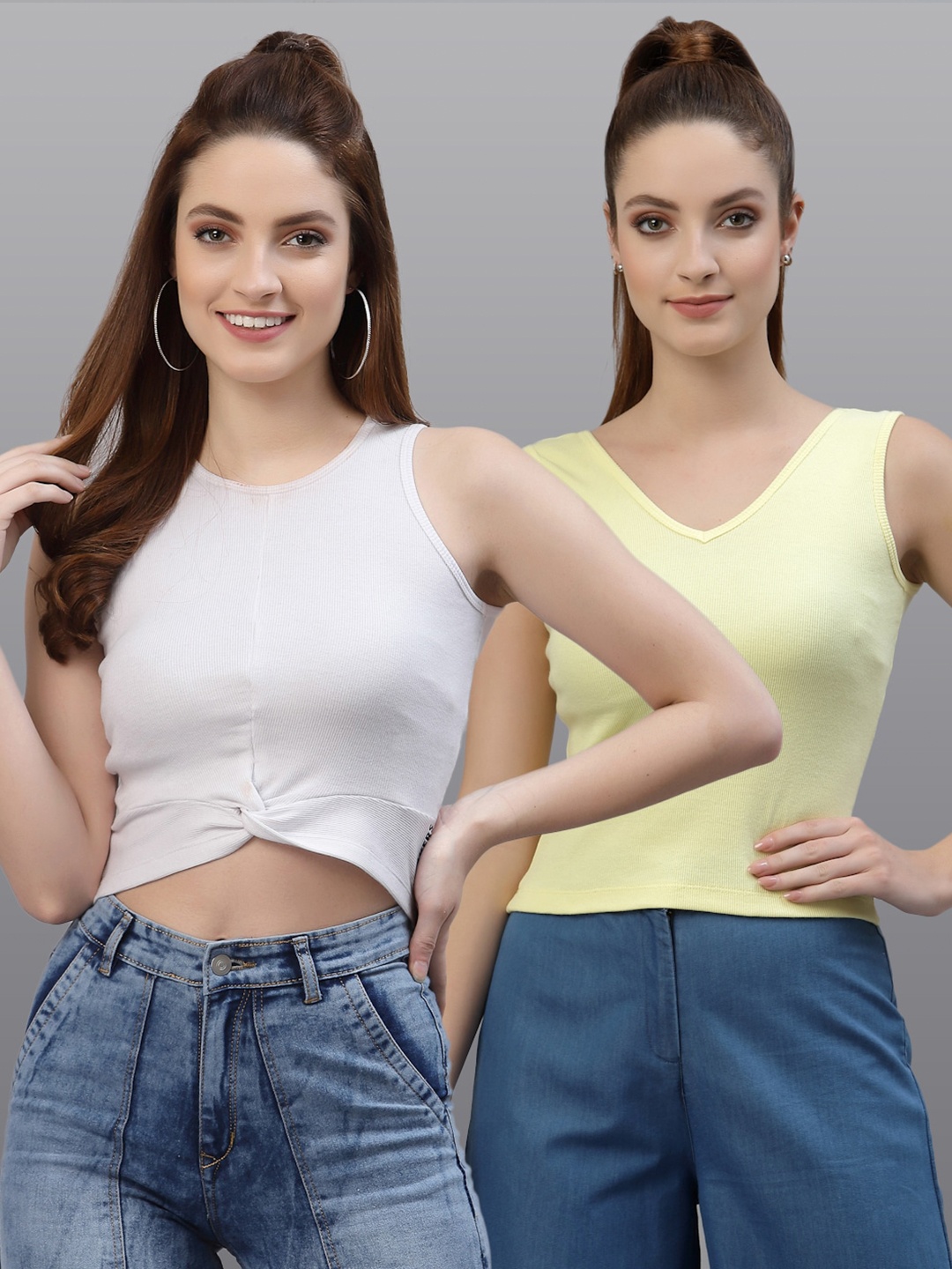 

Friskers Women White & Yellow Top Pack Of 2