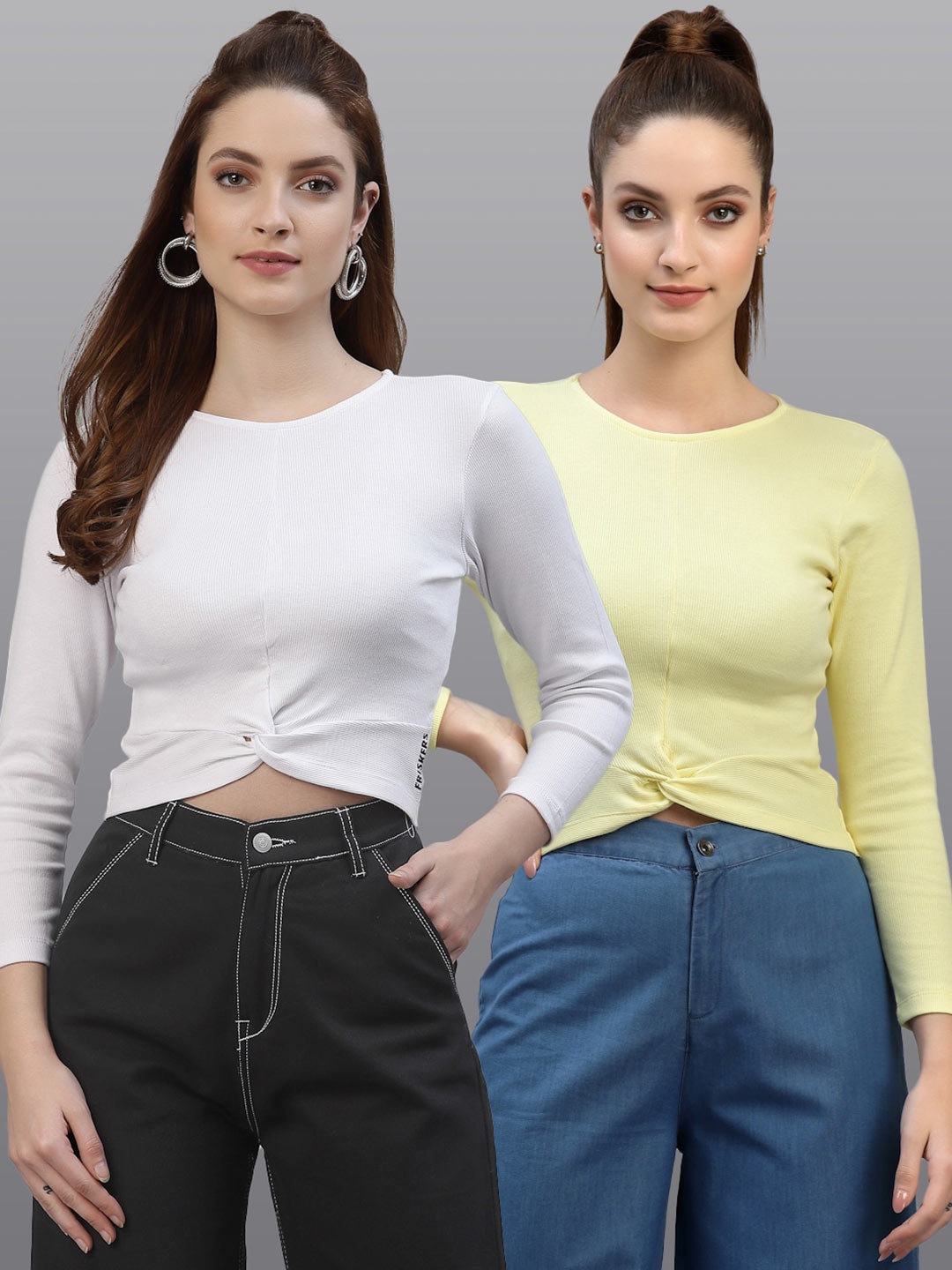 

Friskers White & Yellow Cinched Waist Crop Top