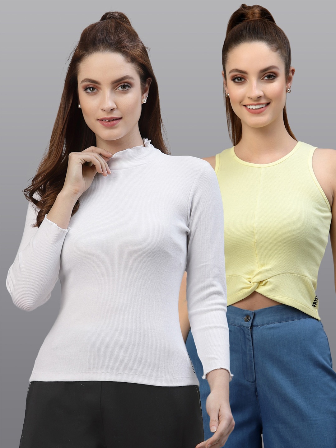 

Friskers Women White & Yellow Pack Of 2 Fitted Top