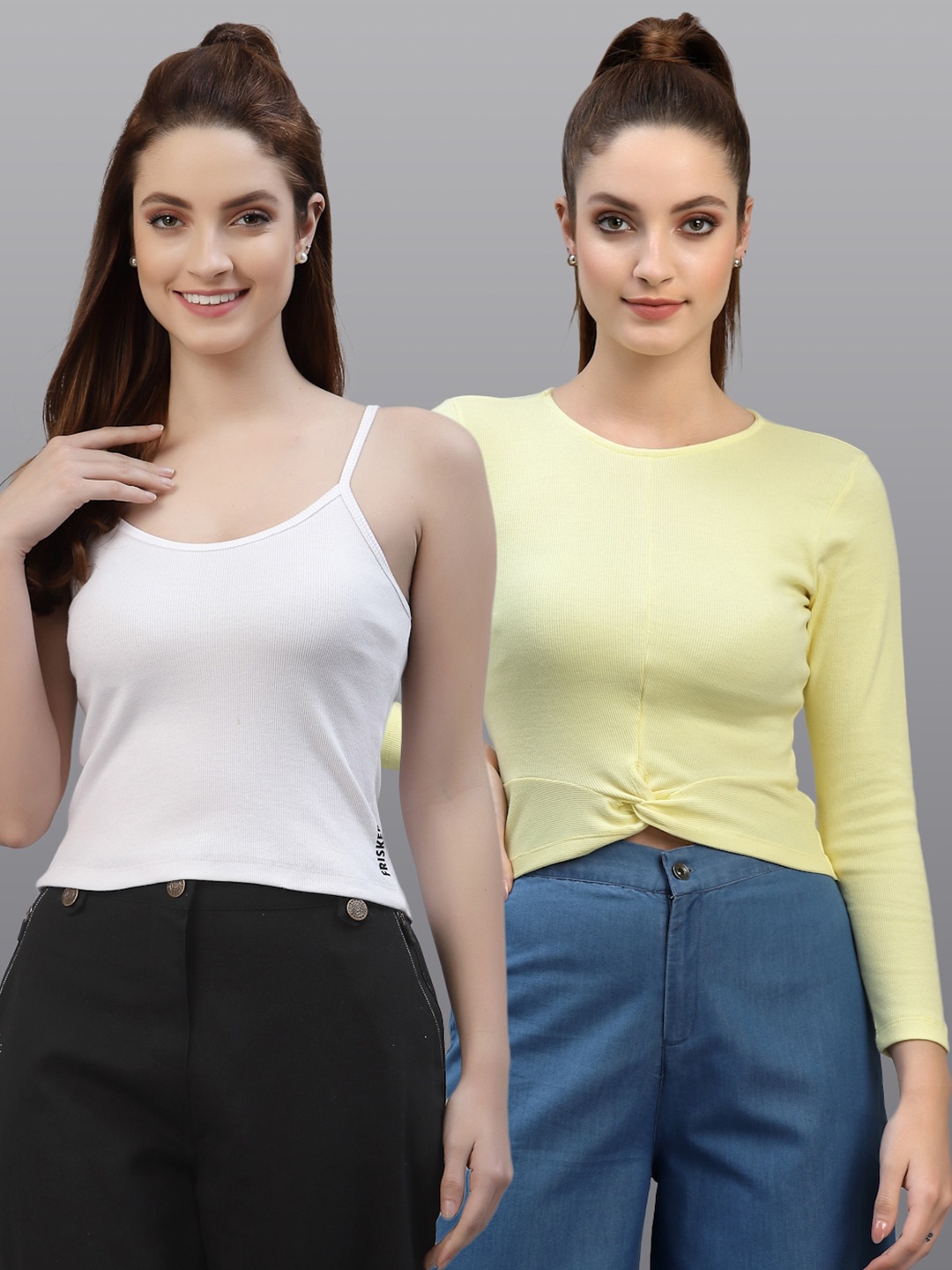 

Friskers Women White & Yellow Top Pack Of 2