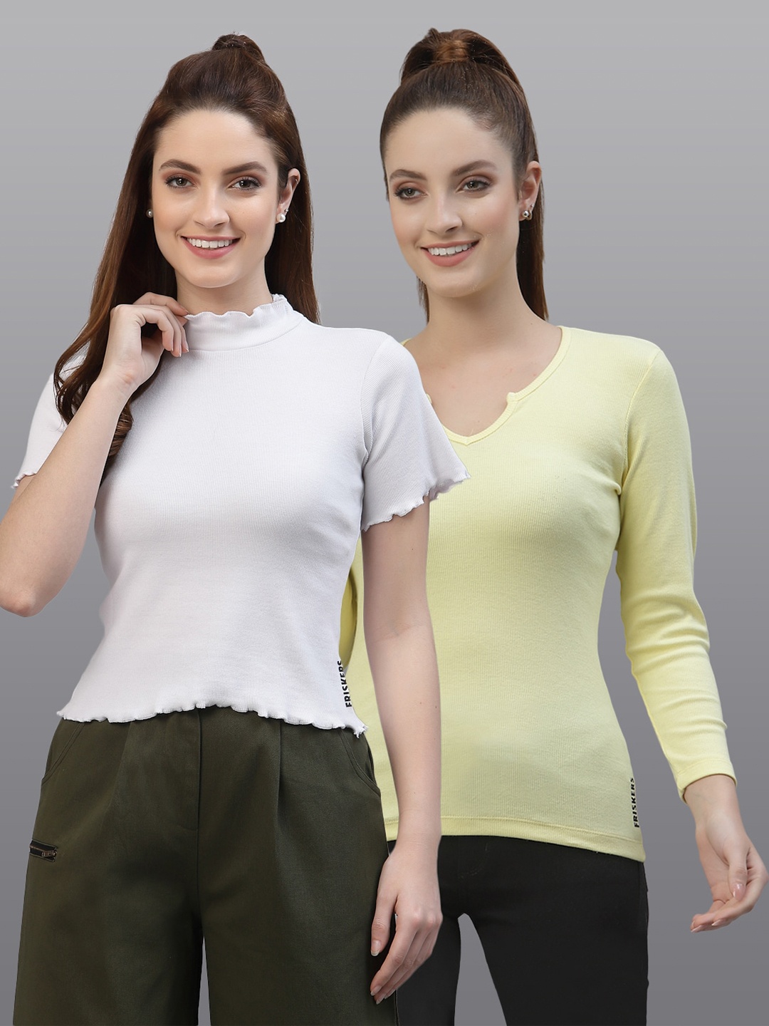 

Friskers Pack of 2 White & Yellow Fitted Tops