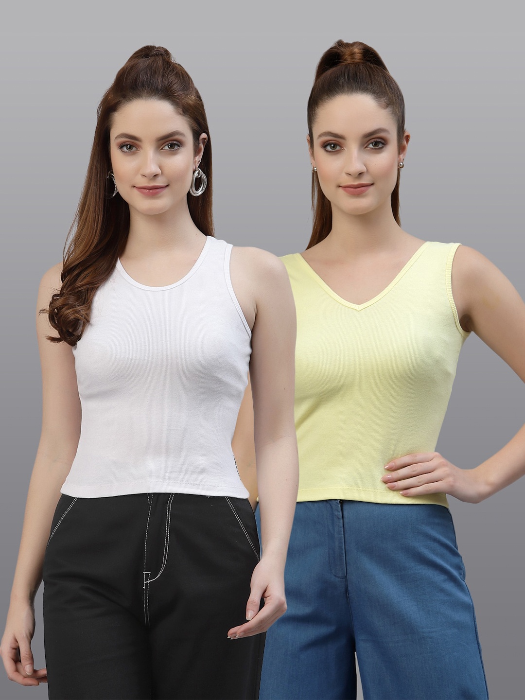 

Friskers Women White & Yellow Top Pack Of 2