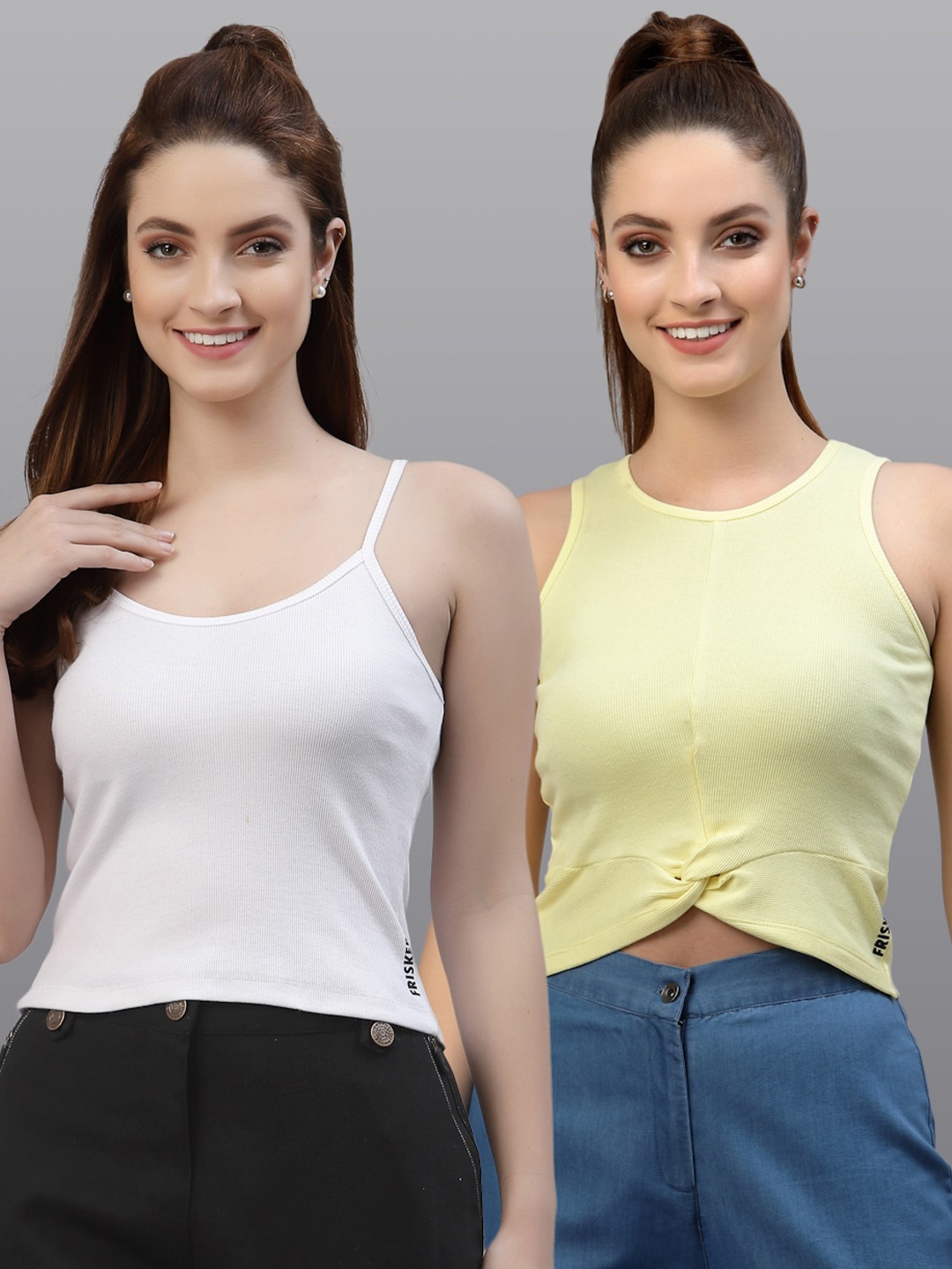 

Friskers Women White & Yellow Top Pack Of 2