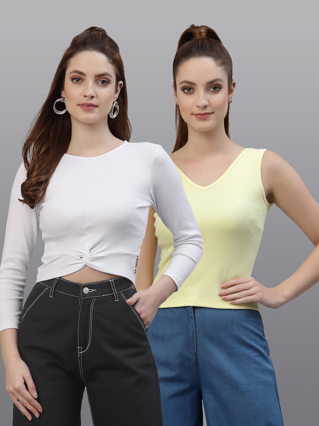 

Friskers Pack of 2 White & Yellow Fitted Tops