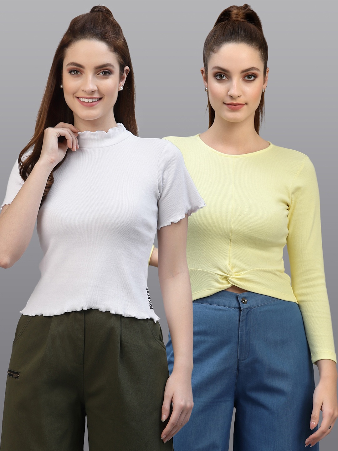 

Friskers Women White & Yellow Top Pack Of 2