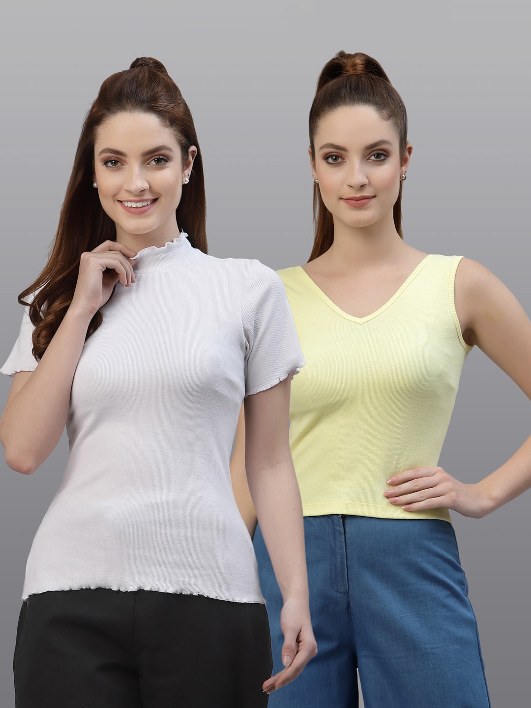 

Friskers Pack of 2 White & Yellow Fitted Tops