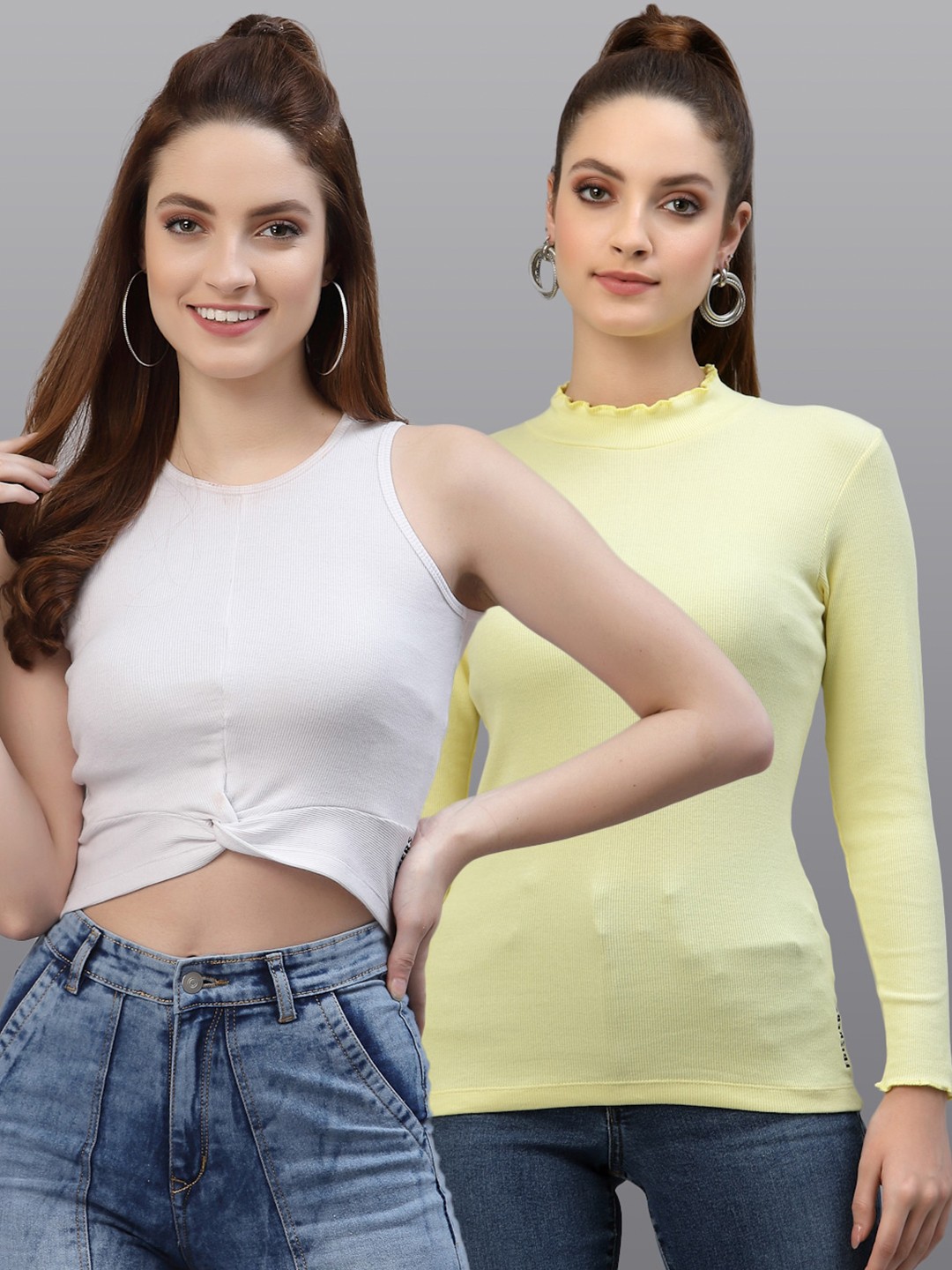 

Friskers Women White & Yellow Pack Of 2 Fitted Top