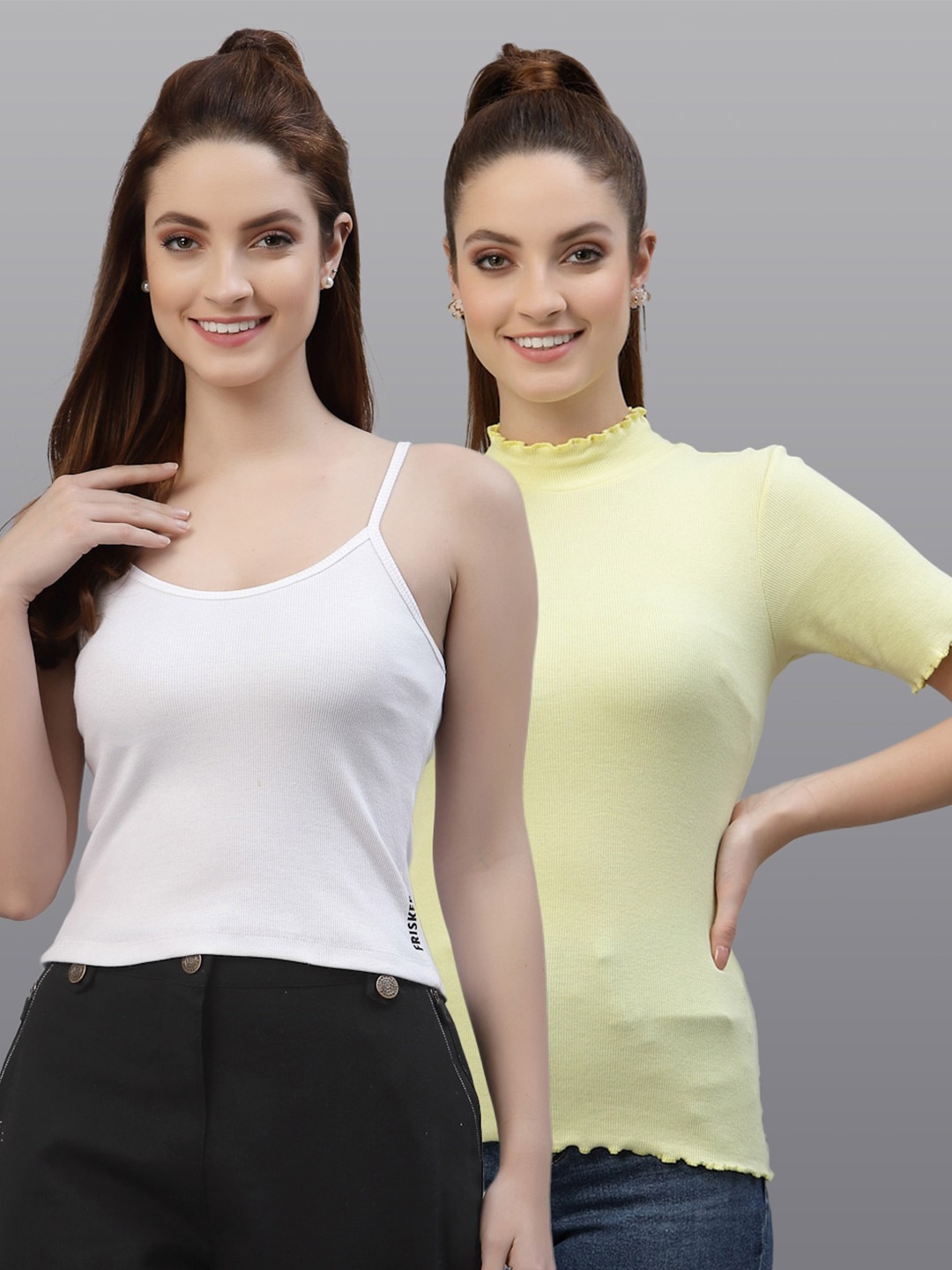 

Friskers Women White & Yellow Top Pack Of 2