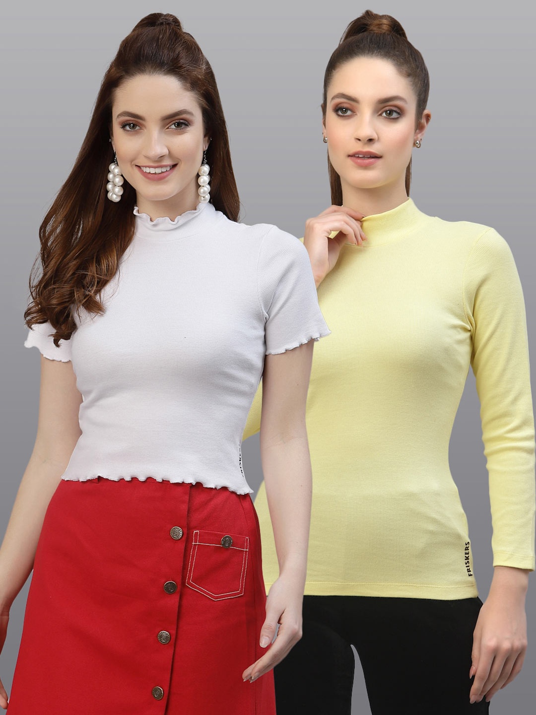 

Friskers Women White & Yellow Pack Of 2 Fitted Top