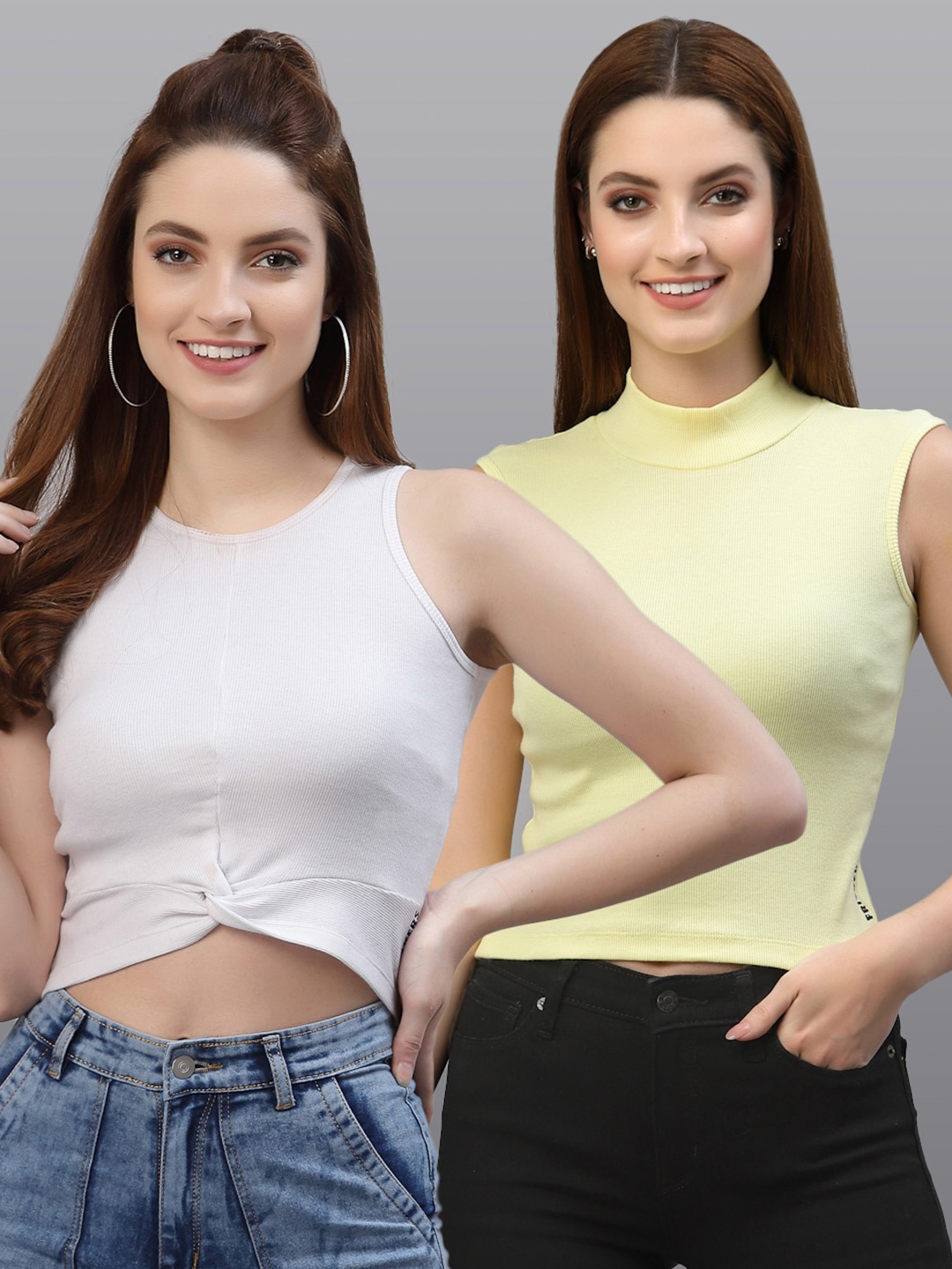 

Friskers Women White & Yellow Top Pack Of 2