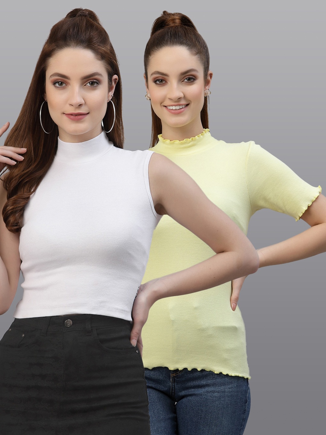 

Friskers Pack of 2 White & Yellow Fitted Tops