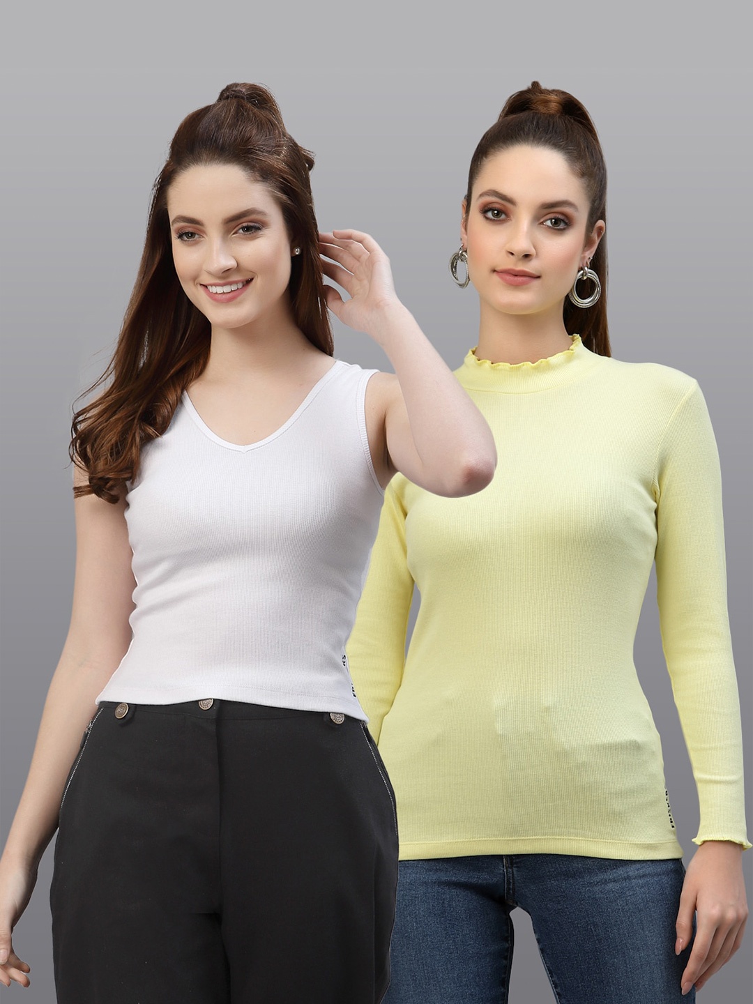 

Friskers Women White & Yellow Top Pack Of 2