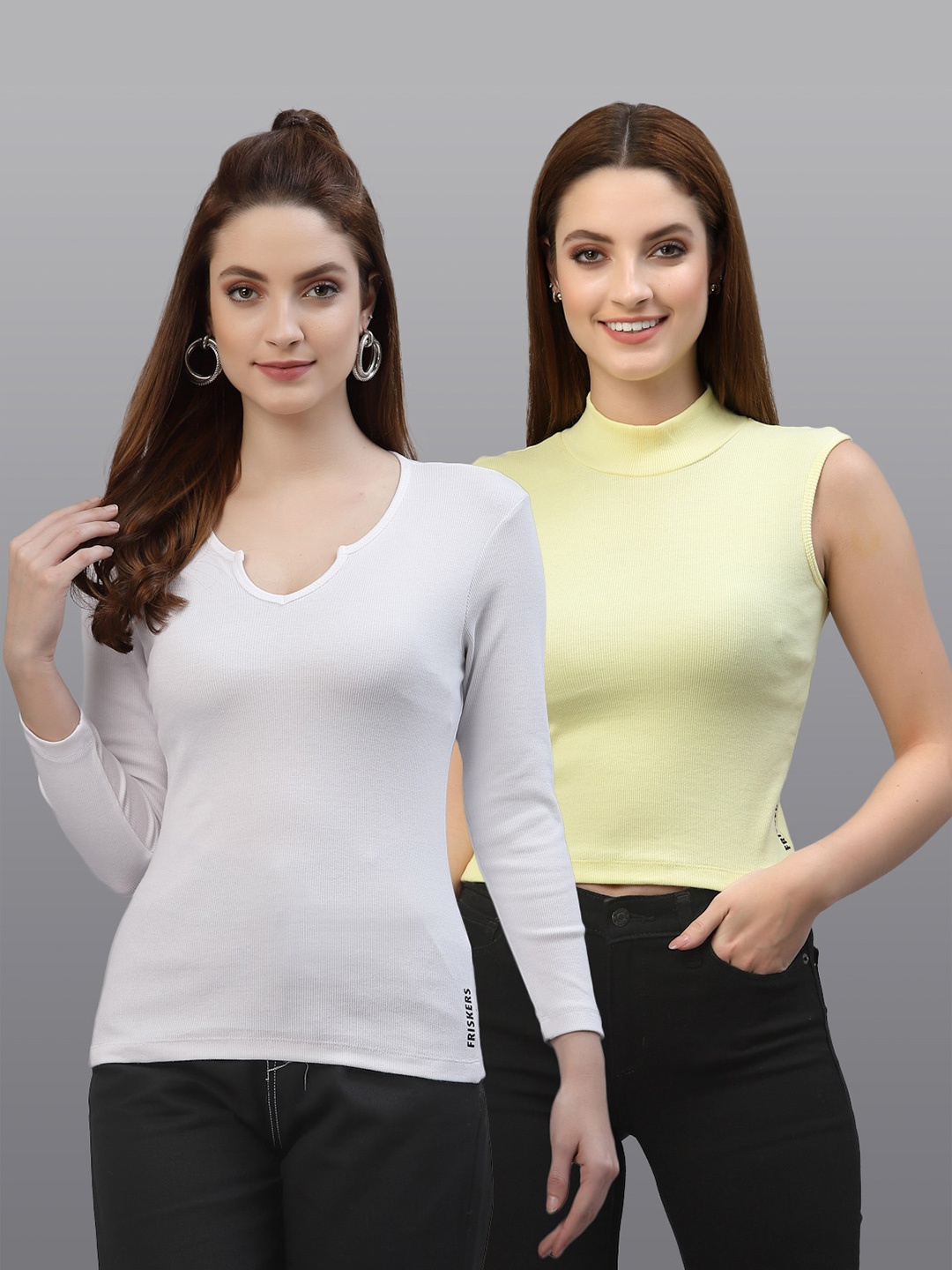 

Friskers Women White & Yellow Top Pack Of 2