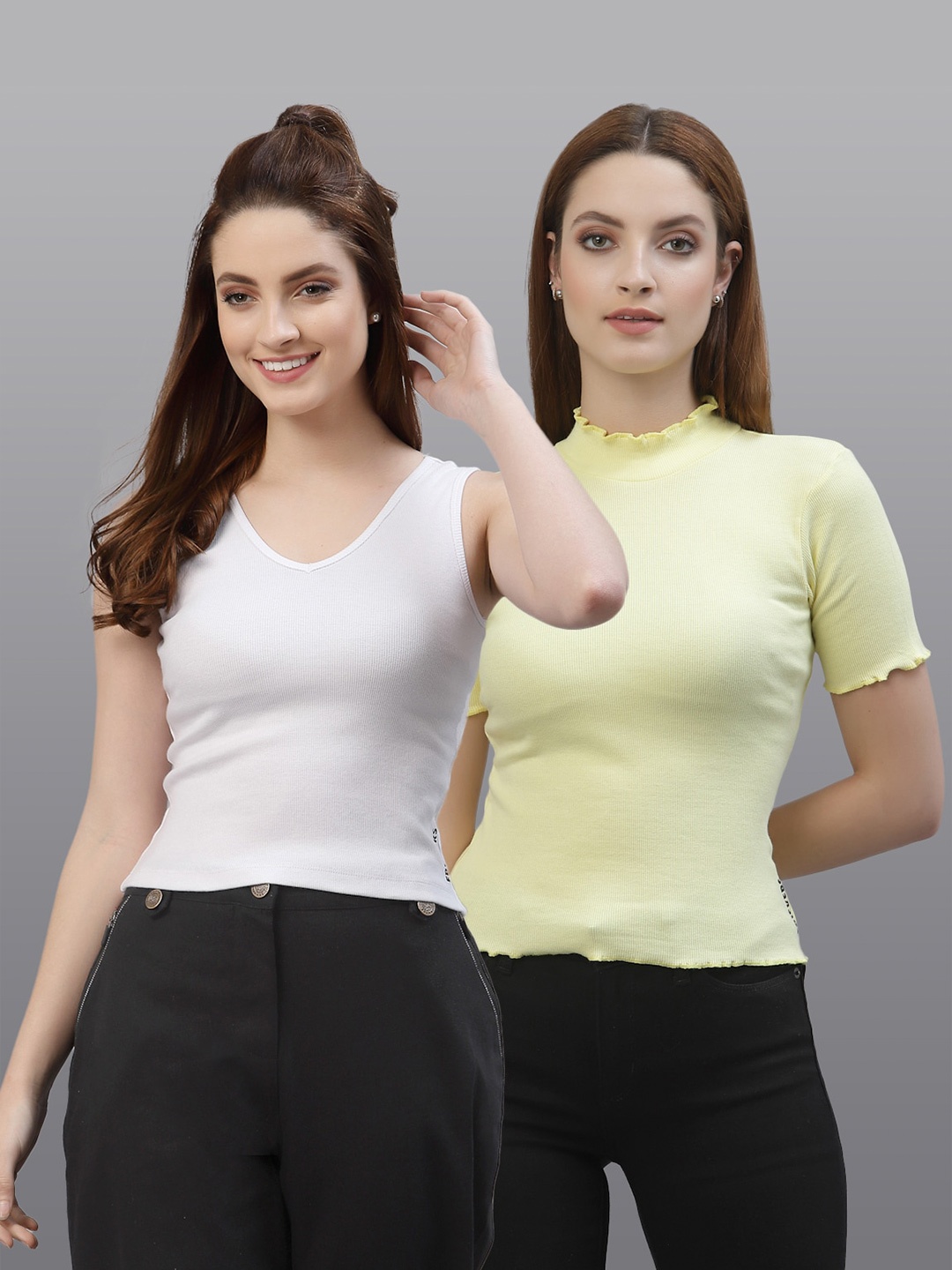 

Friskers Women White & Yellow Top Pack Of 2