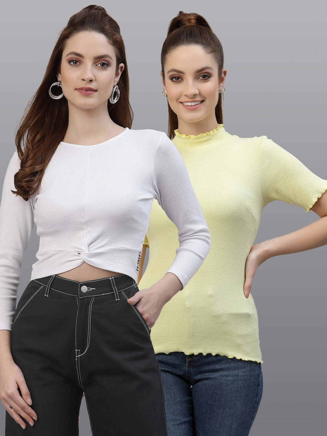 

Friskers Pack of 2 White & Yellow Fitted Tops
