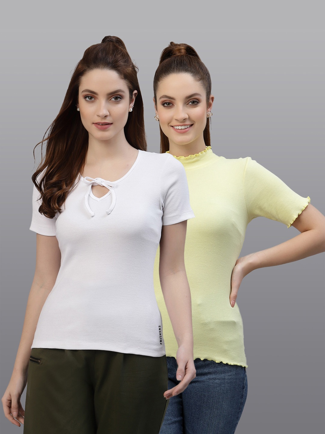 

Friskers Pack of 2 White & Yellow Fitted Tops