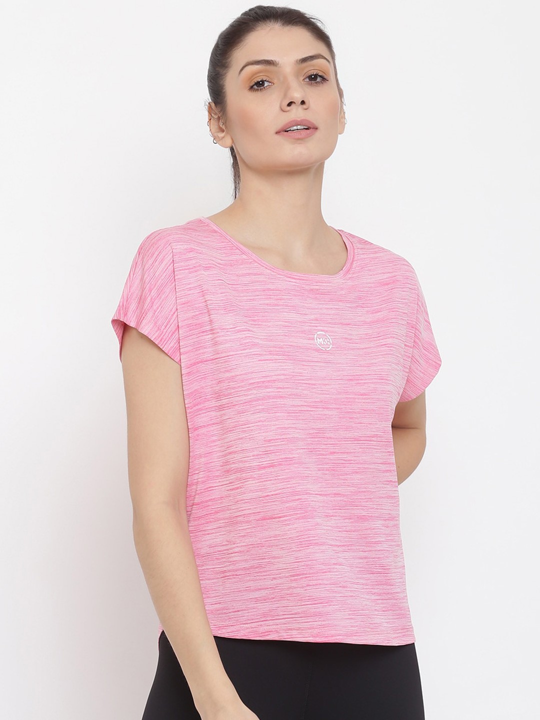 

MKH Women Pink Striped Dri-FIT Sports T-shirt