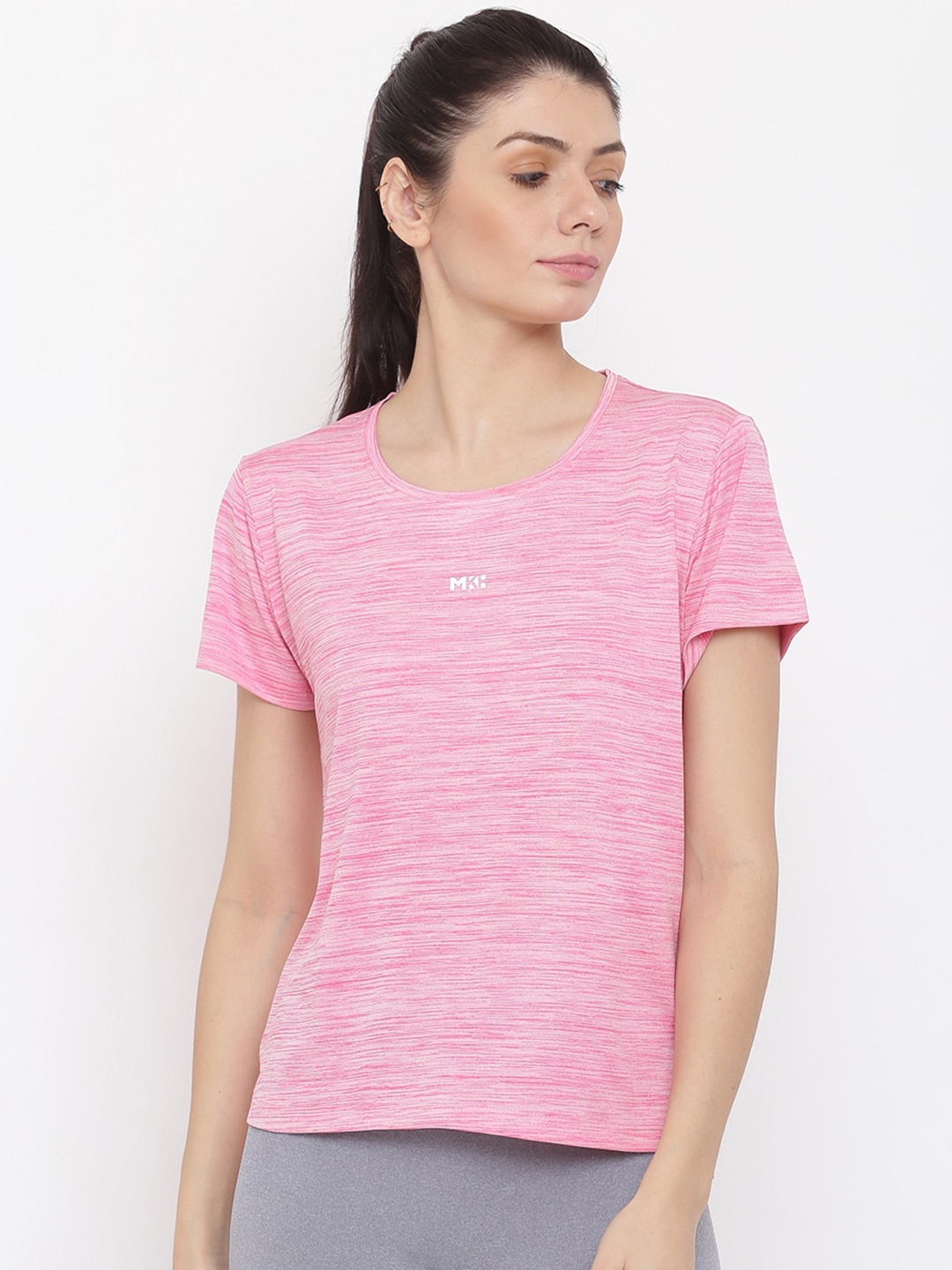 

MKH Women Pink Striped Henley Neck Dri-FIT Running T-shirt