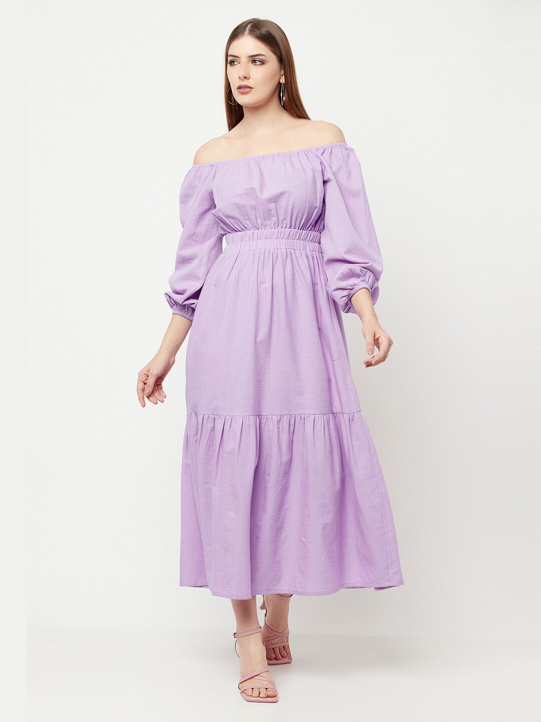 

THE SILHOUETTE STORE Lavender Off-Shoulder Maxi Pure Cotton Dress