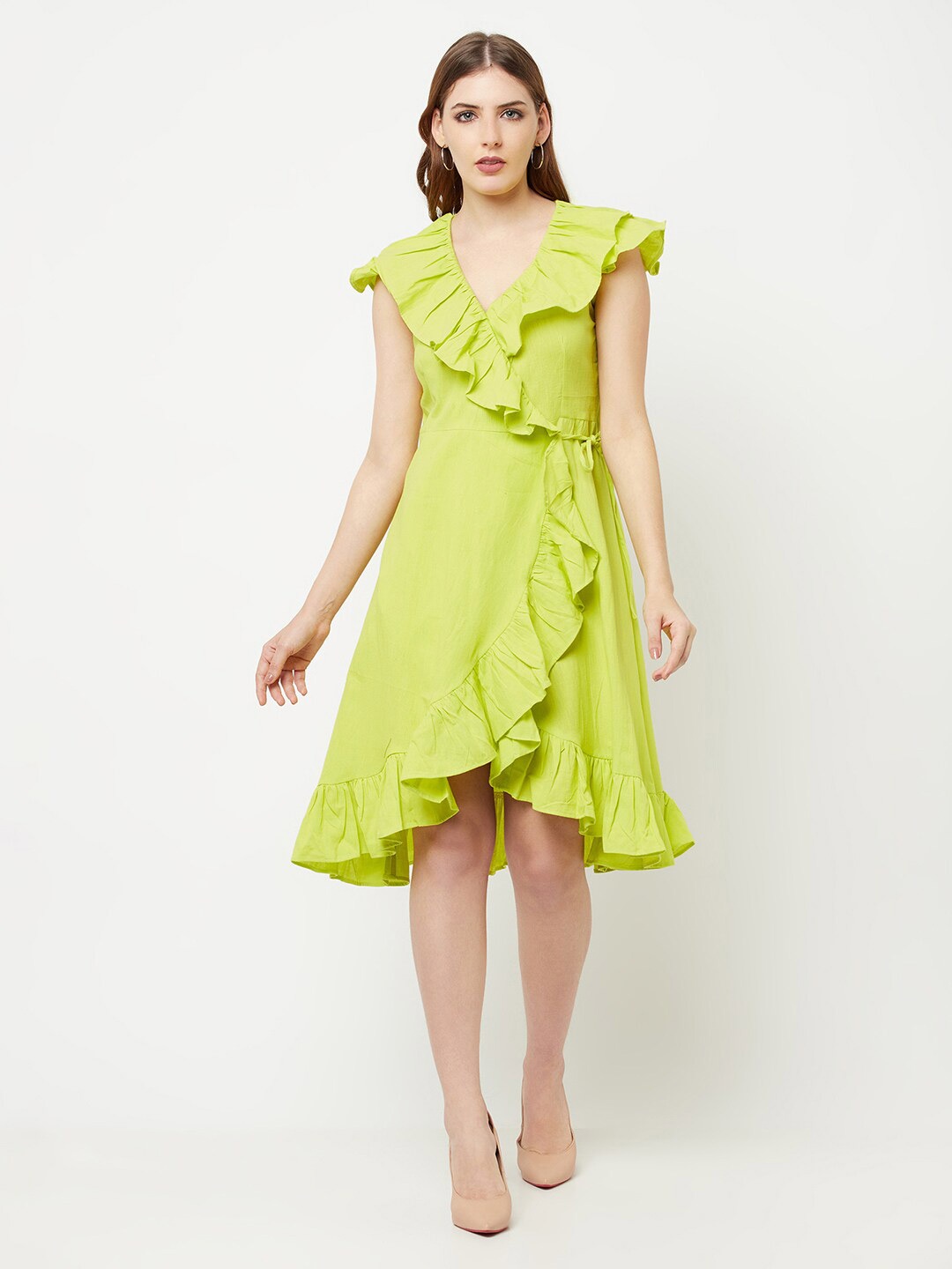 

THE SILHOUETTE STORE Lime Green Ruffled Wrap Dress