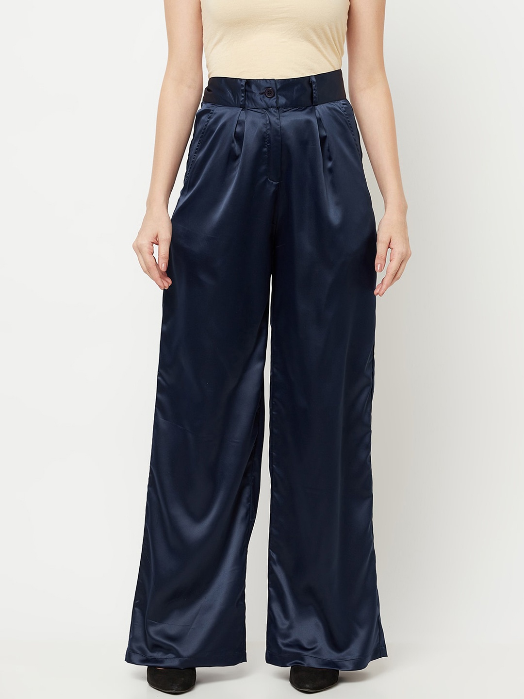 

THE SILHOUETTE STORE Women Navy Blue Solid Tailored High-Rise Pleated Parallel Trousers