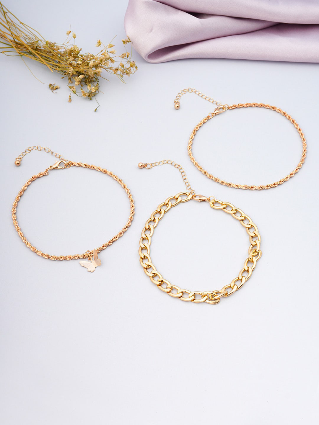 

Set of 3 Ferosh Butterfly Charm Anklet, Gold