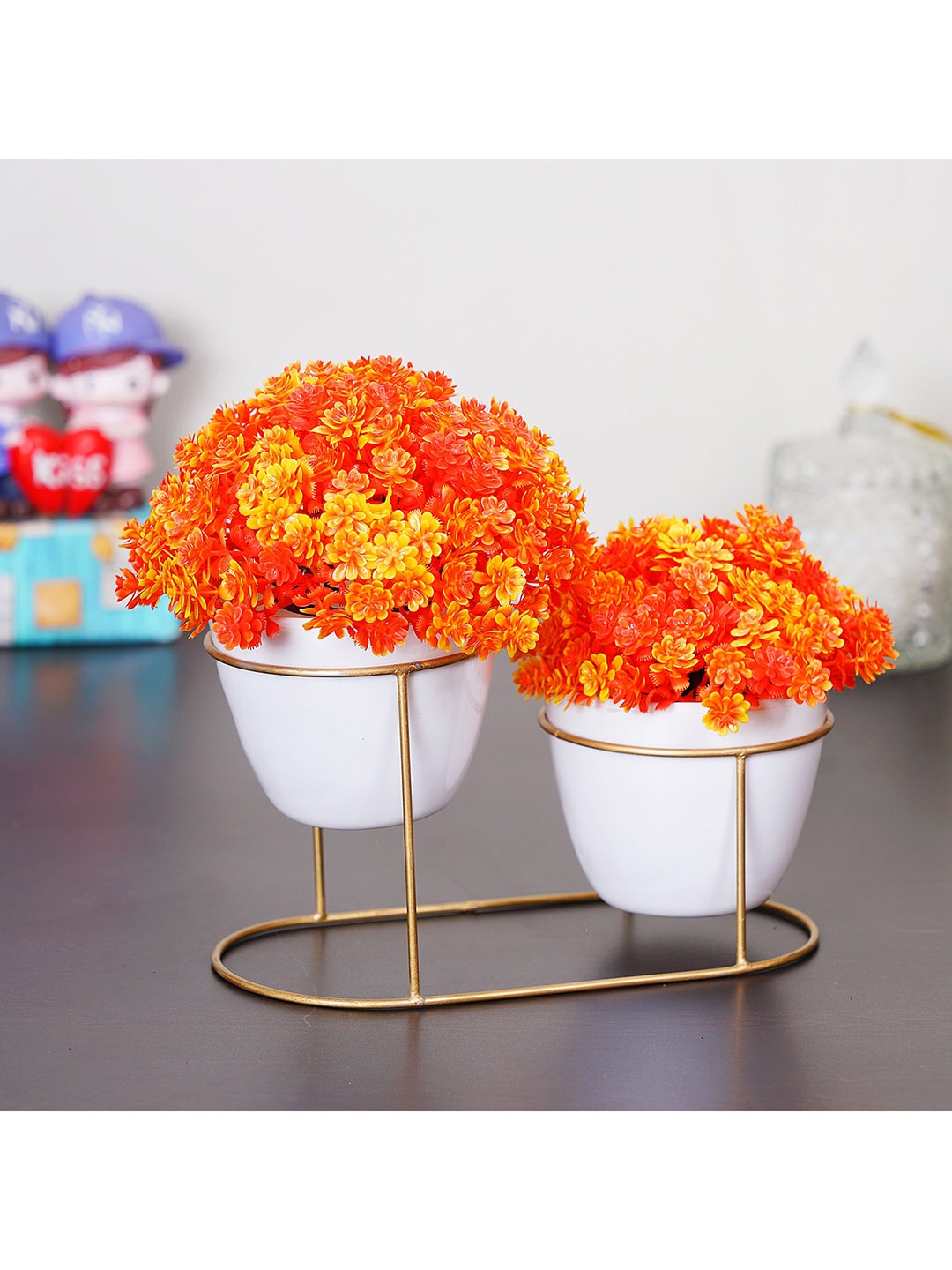 

Dekorly Set of 2 Orange Artificial Plants With Vintage Metal Stand