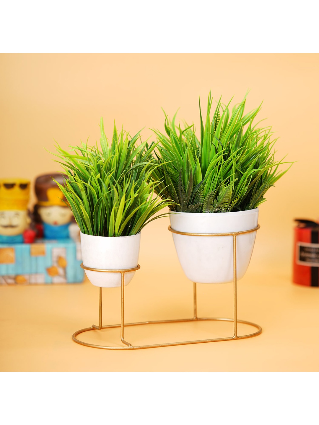 

Dekorly Set Of 2 Green Artificial Plants With Vintage Metal Stand