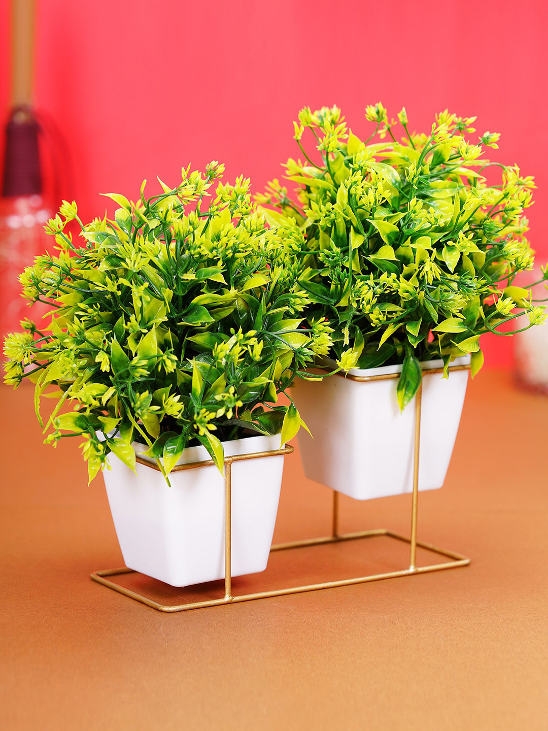 

Dekorly Set of 2 Green Artificial Plants With Vintage Metal Stand