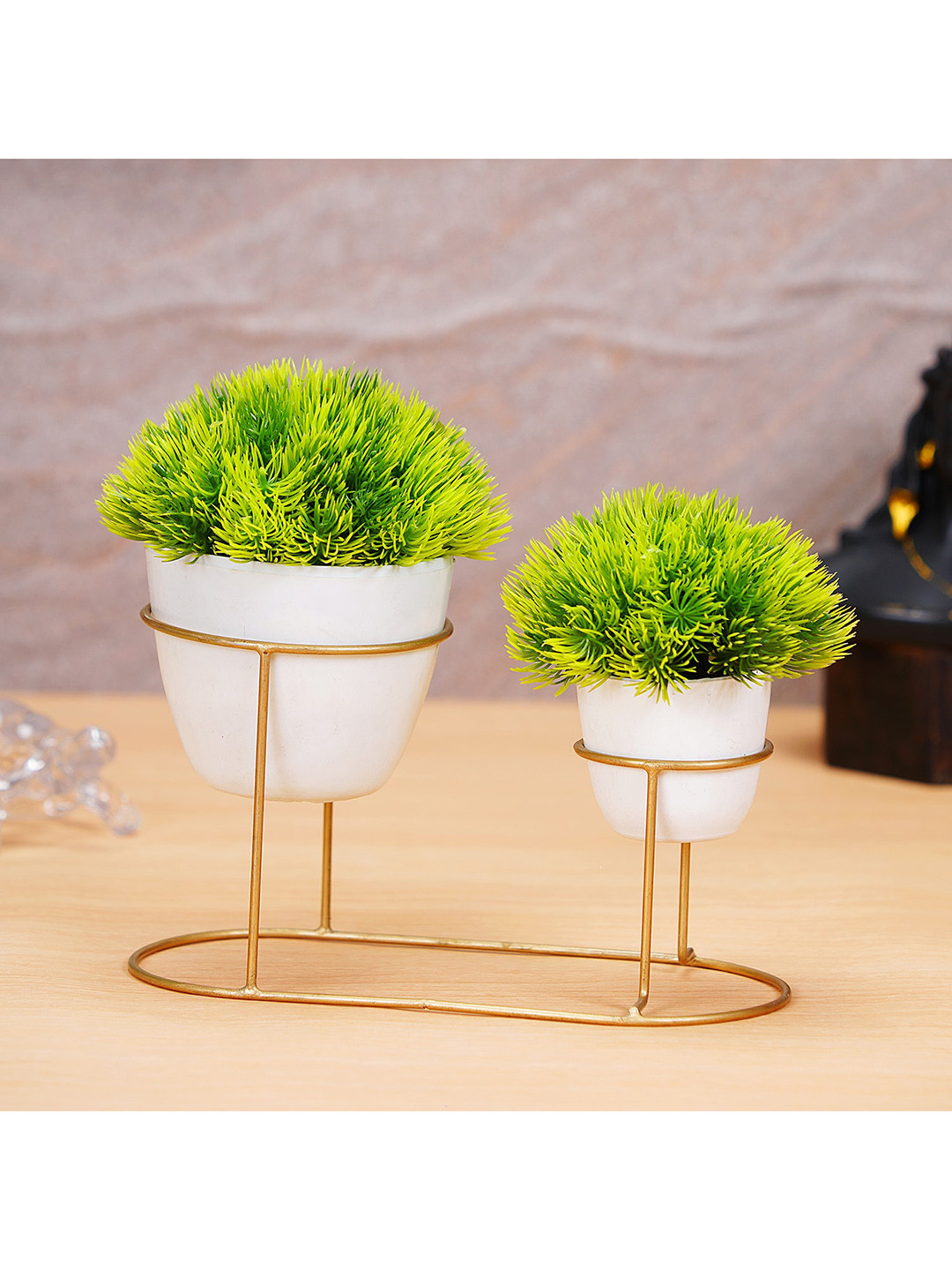 

Dekorly Set of 2 Artificial Green Grass Wild Bonsai Plant With Pot and Metal Stand