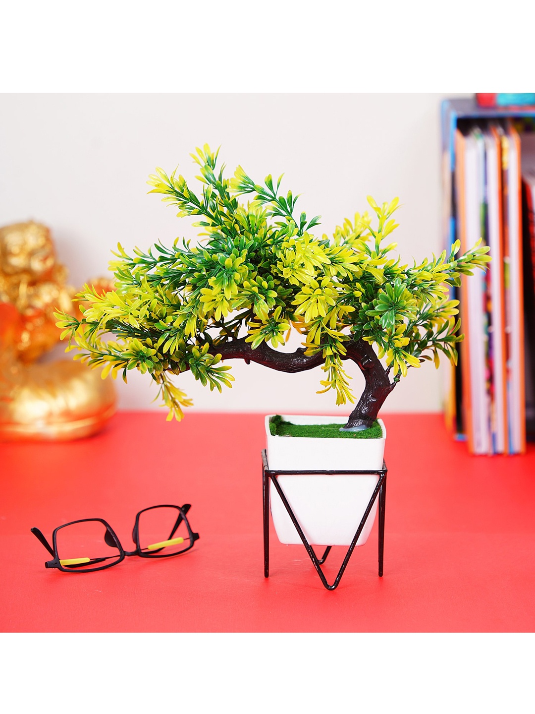 

Dekorly Green & Yellow Wild Artificial Bonsai Round Vintage Plant Pot