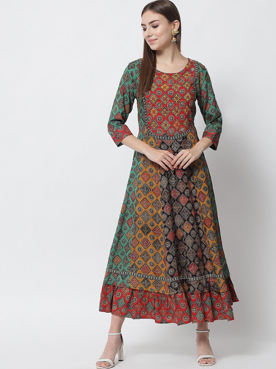 

Pankvi Women Multicoloured Floral Geometric Foil Print Maxi Dress, Multi