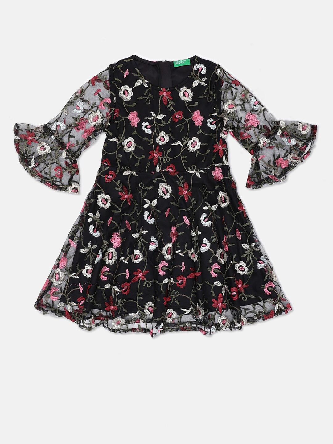 

United Colors of Benetton Girls Black Floral Bell Sleeves Dress