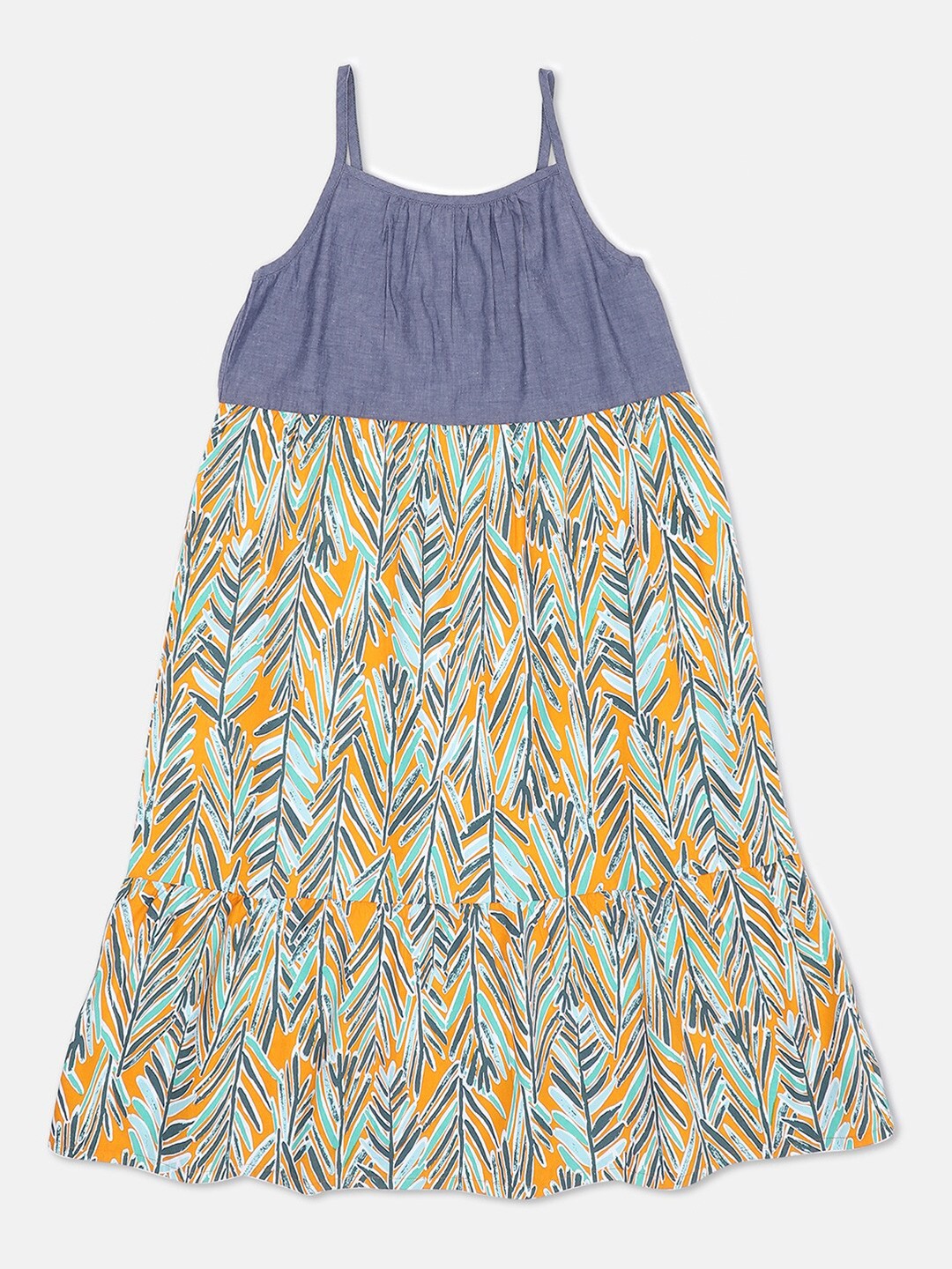 

United Colors of Benetton Girls Blue & Yellow Abstract Printed Cotton A-Line Dress