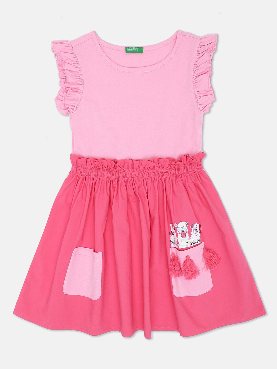 

United Colors of Benetton Girls Pink & White Solid Cotton Fit & Flare Dress