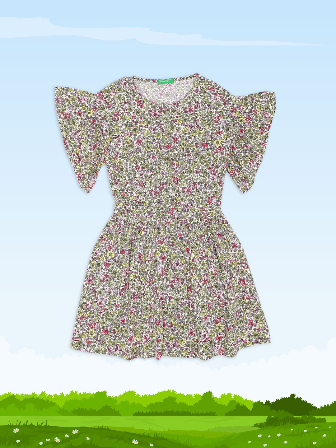 

United Colors of Benetton Girls Olive Green Floral Dress