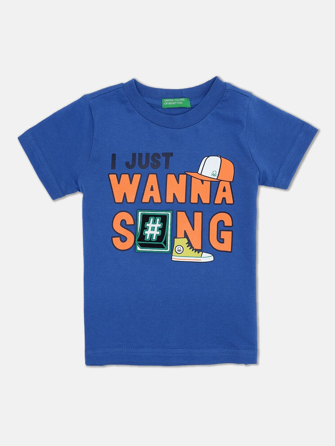 

United Colors of Benetton Boys Blue & Orange Typography Printed Applique T-shirt