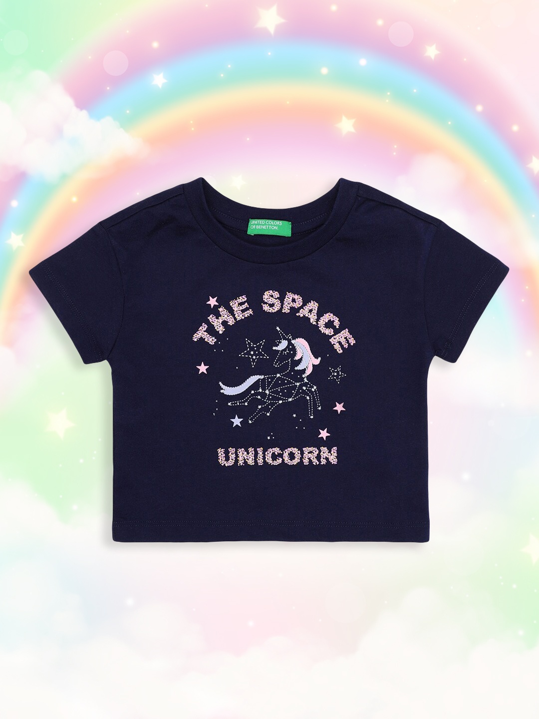 

United Colors of Benetton Girls Navy Blue Typography Printed Cotton T-shirt