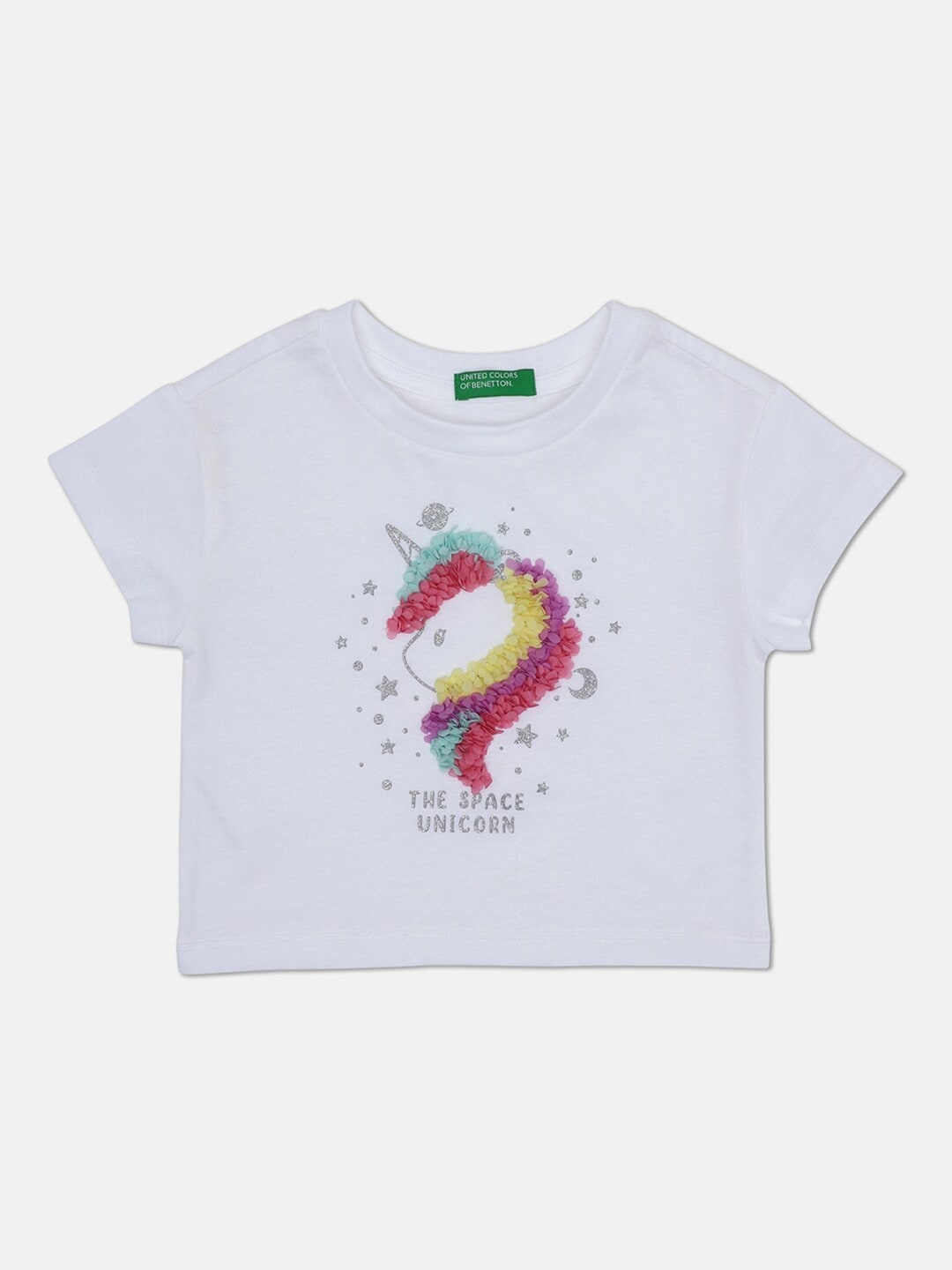 

United Colors of Benetton Girls White Printed Applique Cotton T-shirt