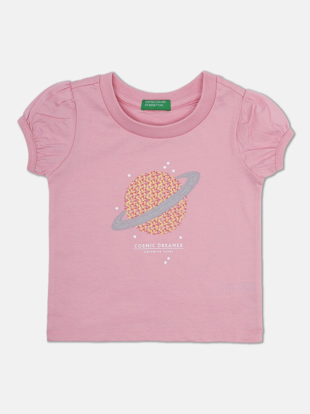 

United Colors of Benetton Girls Pink & Grey Printed Cotton T-shirt