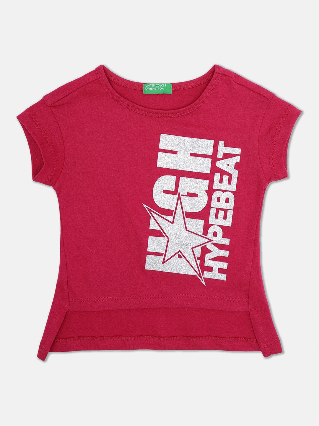 

United Colors of Benetton Girls Fuschia Pink & White Printed Cotton T-shirt, Fuchsia