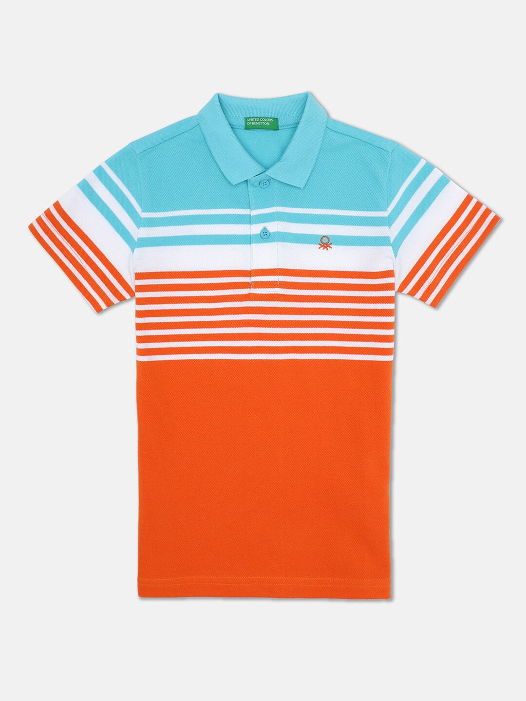 

United Colors of Benetton Boys Orange & Blue Striped Polo Collar T-shirt