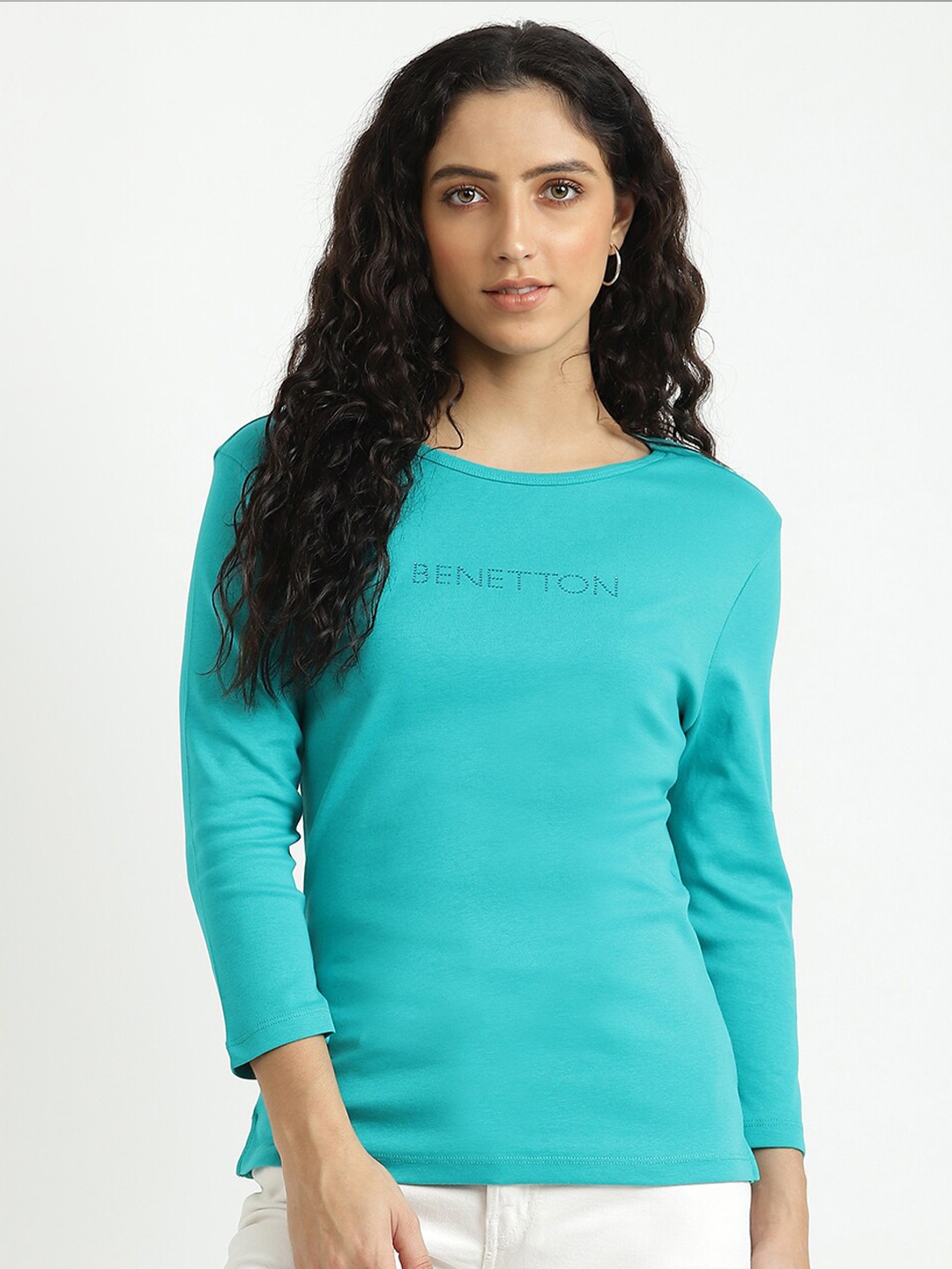 

United Colors of Benetton Women Blue Brand Logo Printed T-shirt
