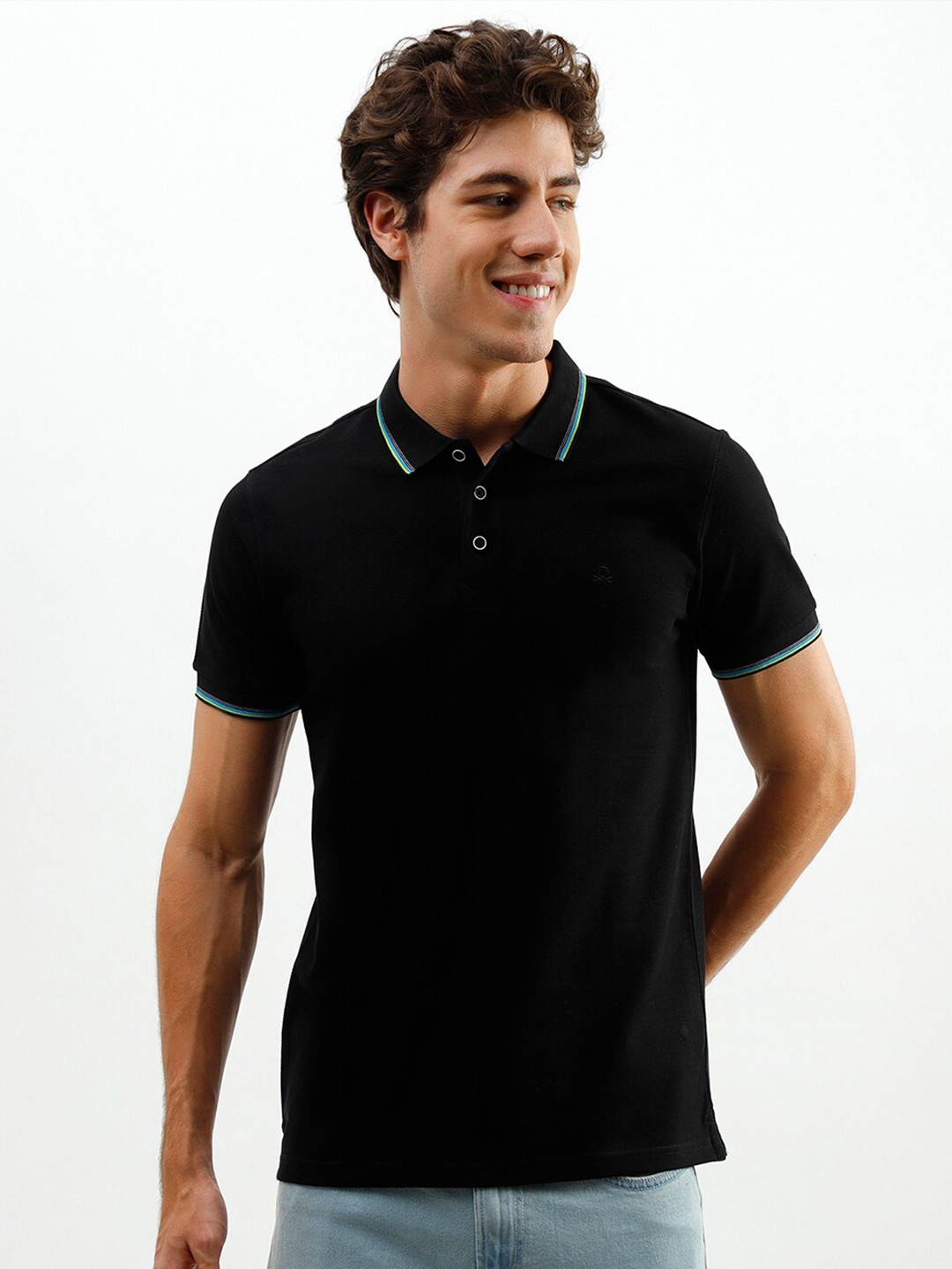 

United Colors of Benetton Men Black Solid Polo Collar T-shirt
