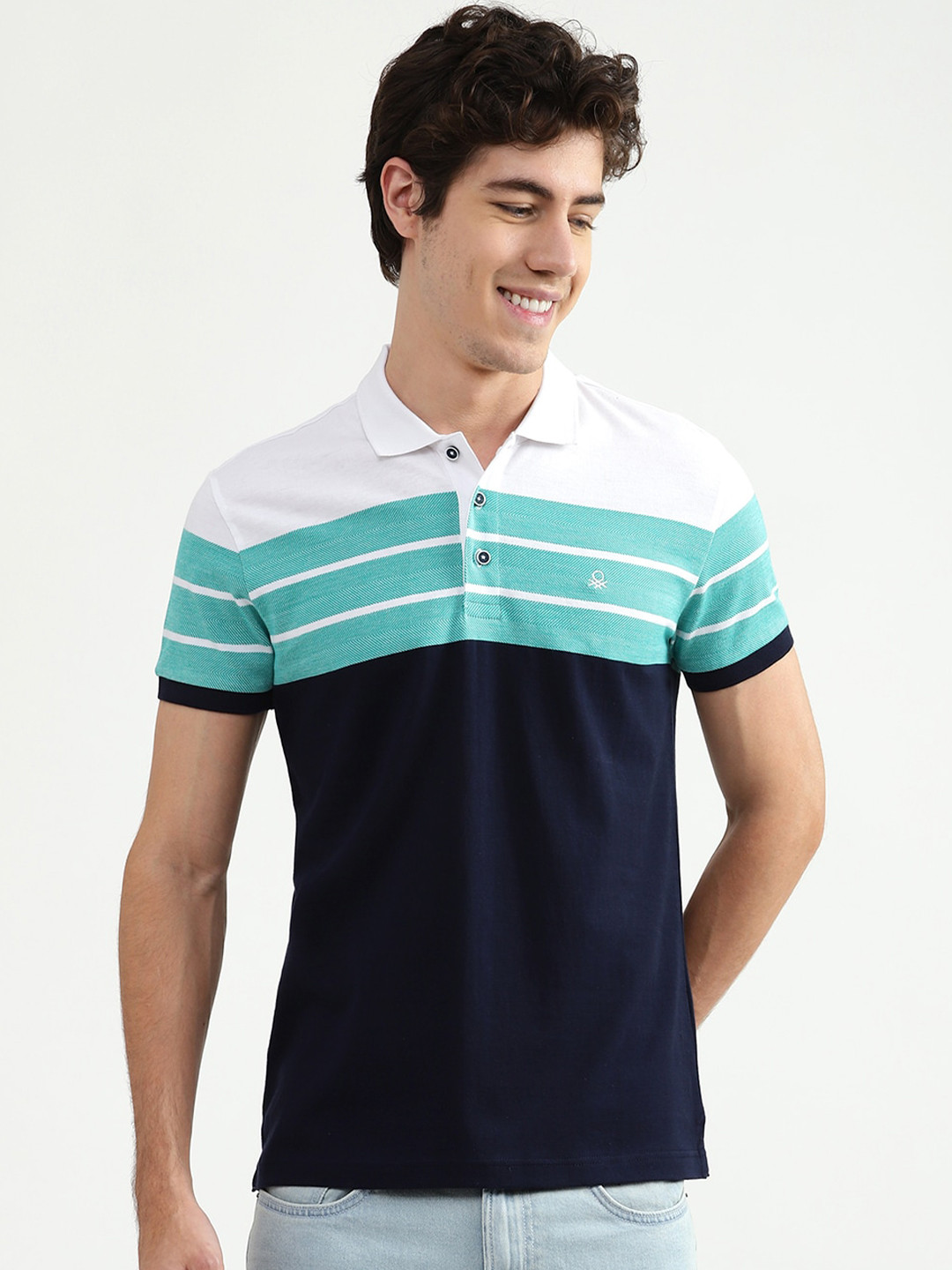 

United Colors of Benetton Men Navy Blue & White Colourblocked Cotton Polo Collar T-shirt