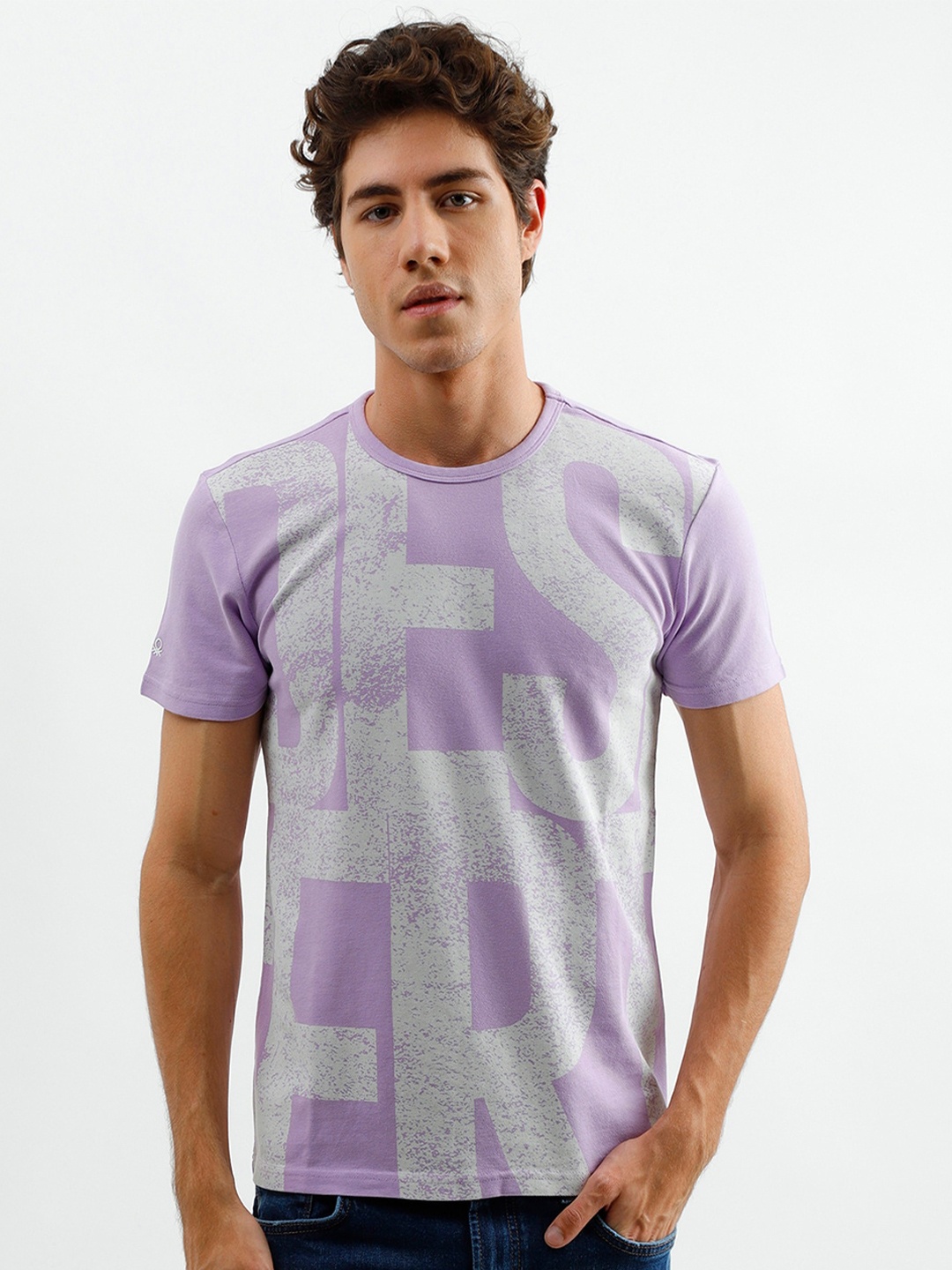 

United Colors of Benetton Men Purple & Grey Typography Printed T-shirt