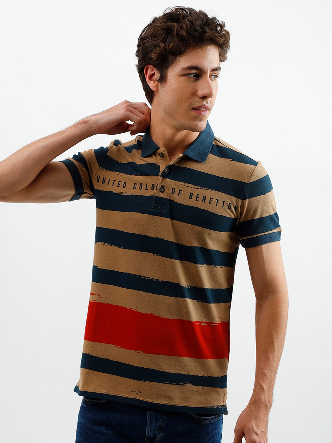 

United Colors of Benetton Men Brown Striped Polo Collar Cotton T-shirt