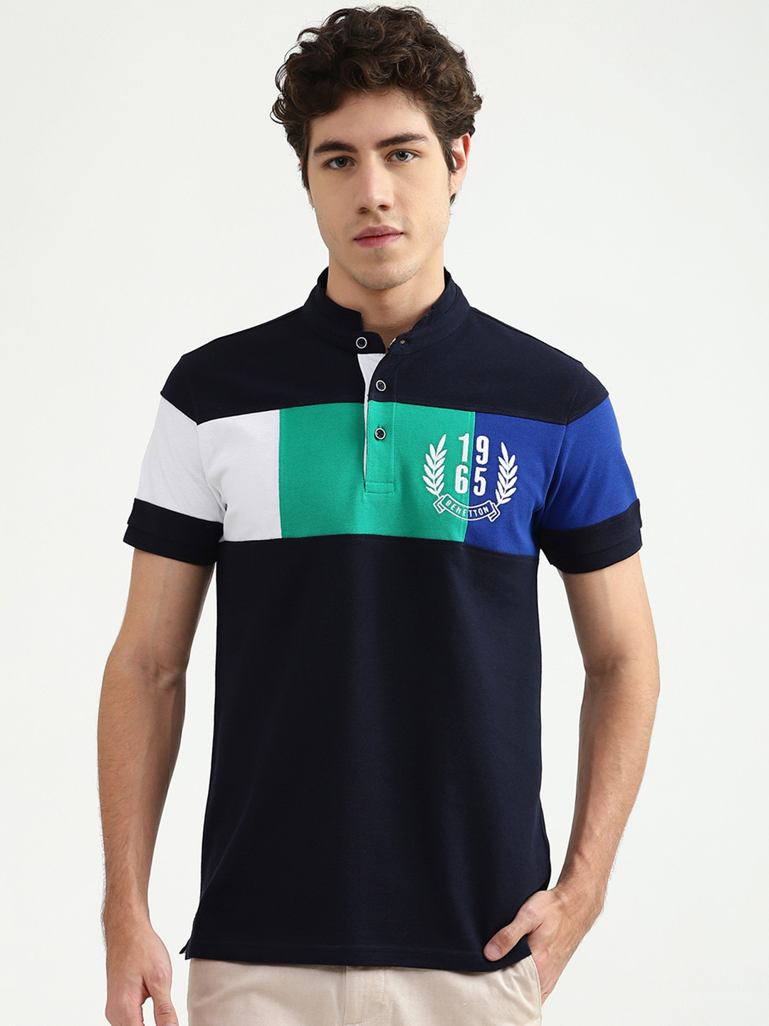 

United Colors of Benetton Men Navy Blue Colourblocked Mandarin Collar Pure Cotton T-shirt